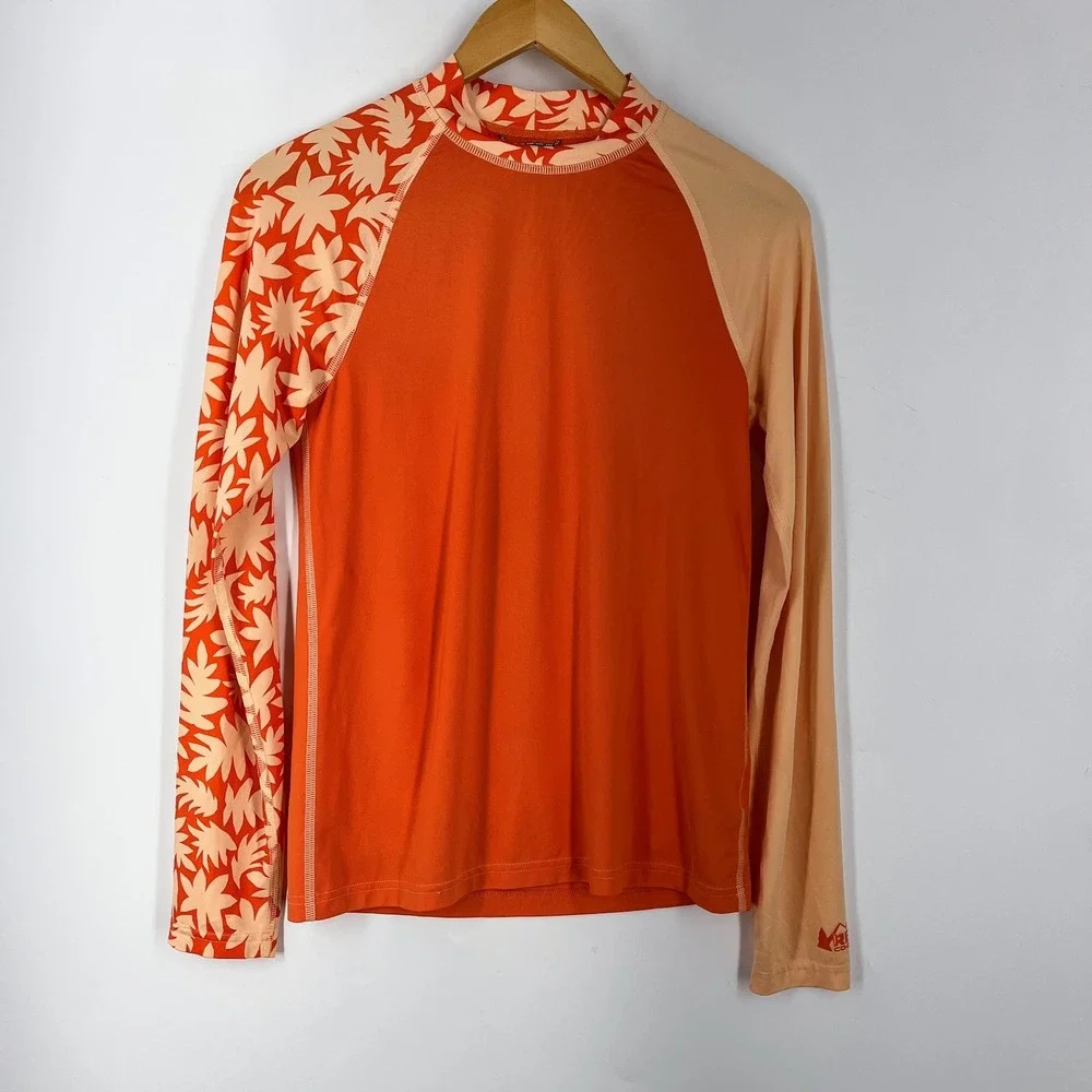 REI Co-op Kids Orange Floral Long Sleeve Rash‎ Guard Swim Shirt Peach Mock Neck